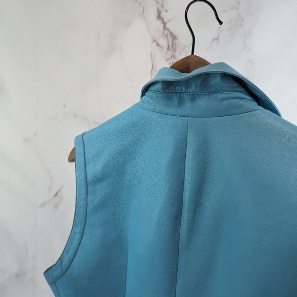 Vintage Leather Vest Womens Medium Blue Zip Turquoise Gilet Cropped 60s 80s Mod - Picture 6 of 9